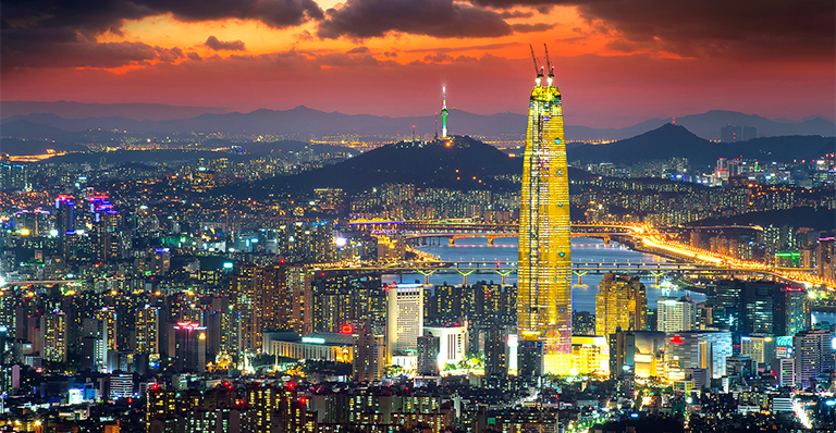 A photo of downtown Seoul, South Korea at night