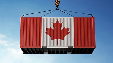 Canada trade cargo container hanging against clouds background