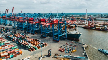 Aerial view of cargo crane container terminal in Hamburg Harbour, Germany