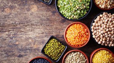 Bowls of various legumes (chickpeas, green peas, red lentils, Canadian lentils, Indian lentils, black lentils, green lentils; yellow peas, green mung beans) on a wooden background.