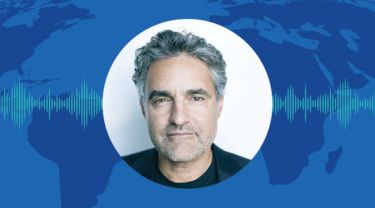 Headshot of Bruce Croxon with countries and sound wave lines in the background.