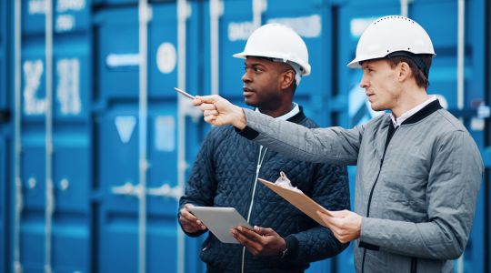 Two dock logistic managers oversee safe loading of cargo.