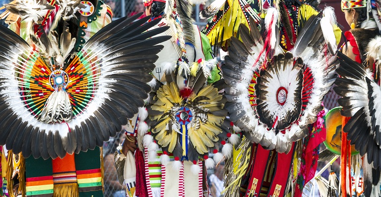Ceremonial feathered headdresses at powwow
