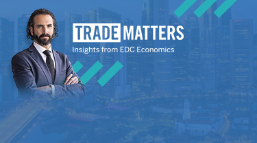 Bright, bold Trade Matters banner featuring image of EDC chief economist Stuart Bergman.